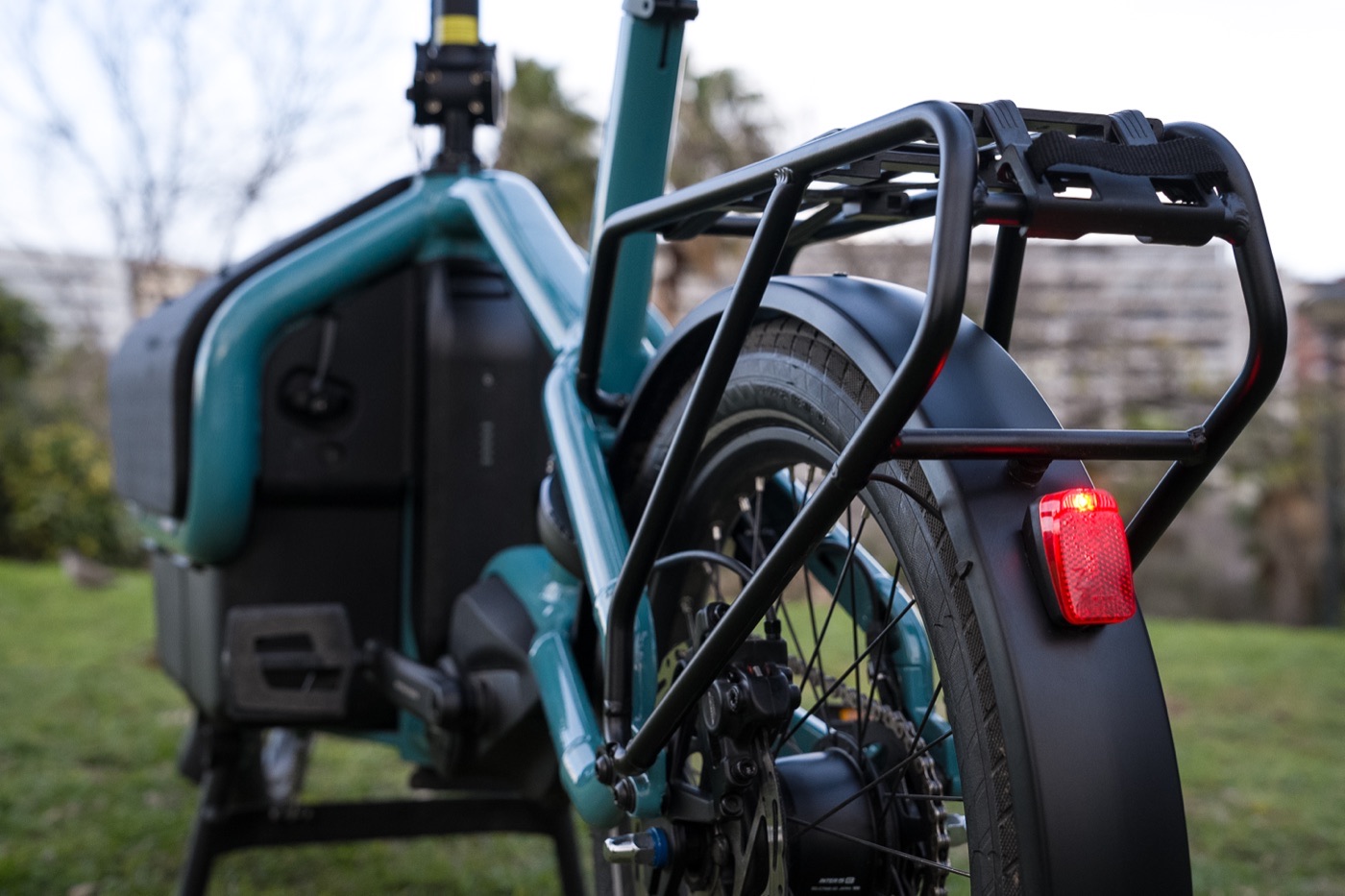 Close-up of the rear rack and tail light on the Clover Duo